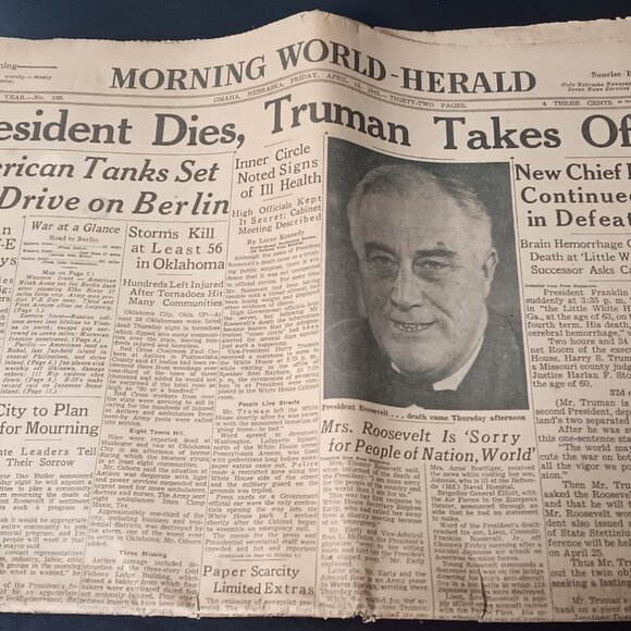 Vintage "Morning World Herald Newspaper" - President Dies, Truman Takes Office - Picture 1 of 7